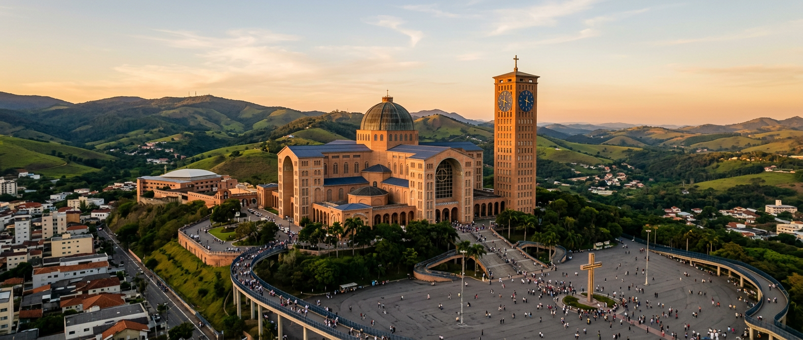 Santuário Nacional de Aparecida ao entardecer, com as colinas do Vale do Paraíba ao fundo